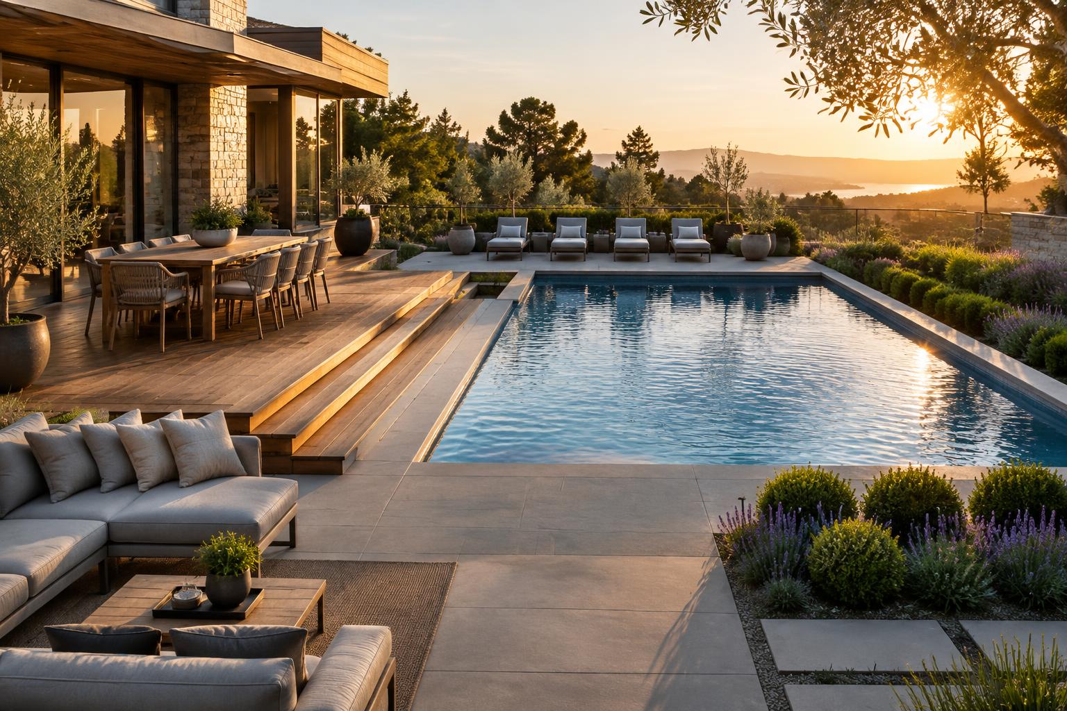 Modern backyard swimming pool with hardwood decking, gray pavers, dining furniture, and lounge seating
