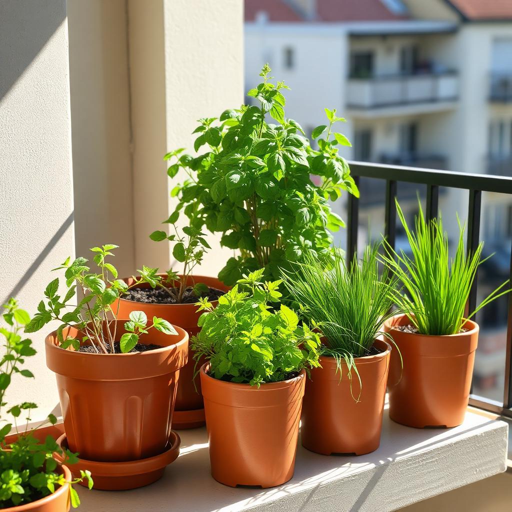 Apartment herb garden with basil, mint, and chives growing in ceramic pots on a sunny balcony