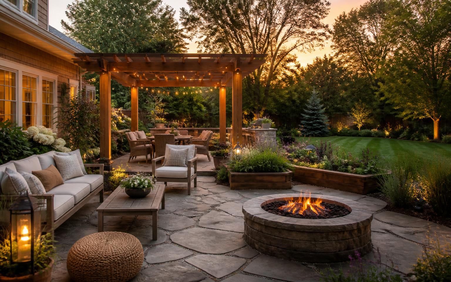 Designed suburban backyard at golden hour with flagstone patio, cedar pergola with string lights, stone fire pit, raised beds, and lawn