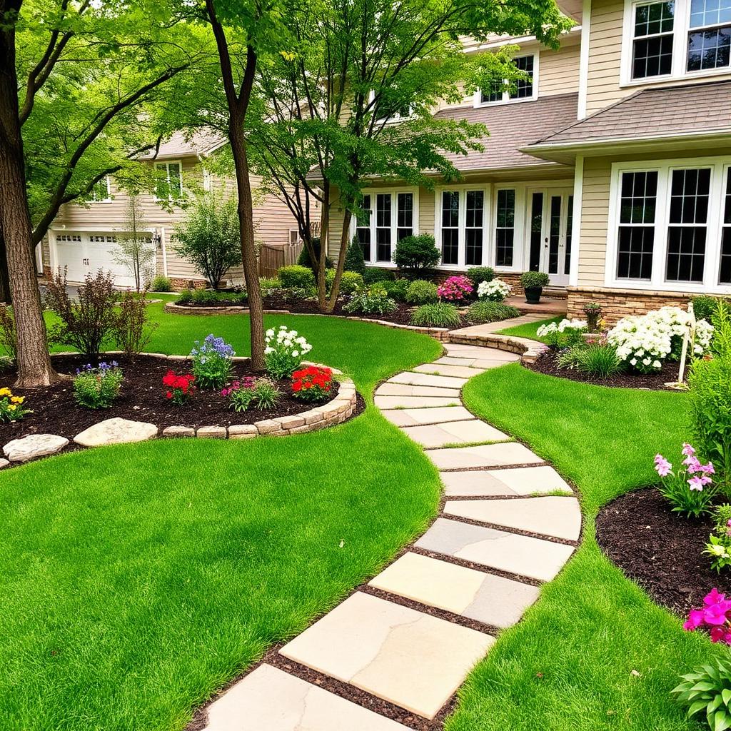 Landscaped American backyard with stone path, green lawn, and flower beds