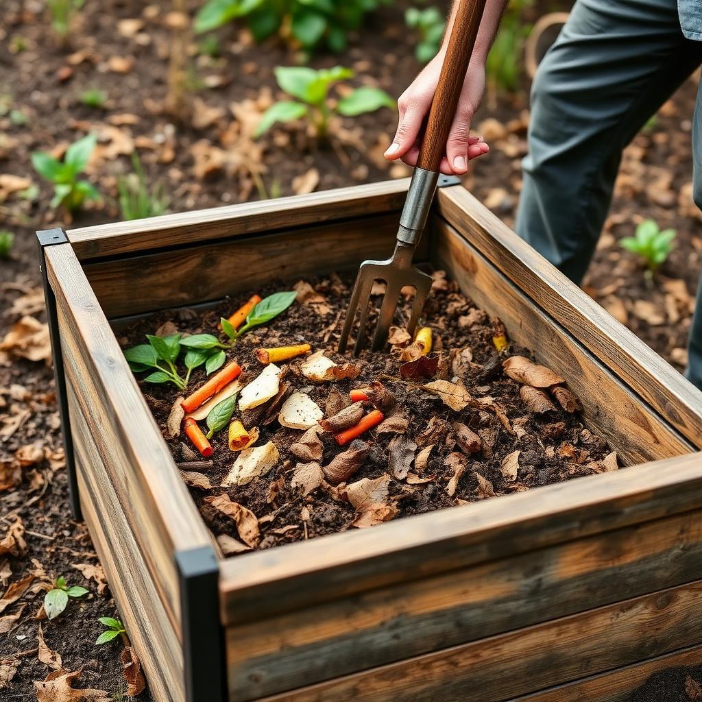 Wooden backyard compost bin with vegetable scraps and dry leaves being turned