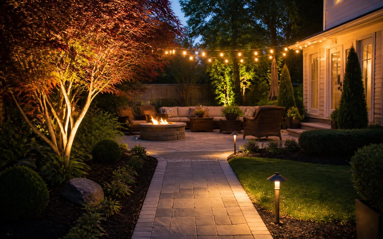 Backyard at dusk with warm path lights along a paver walkway, uplit maple tree, and cafe string lights over a patio