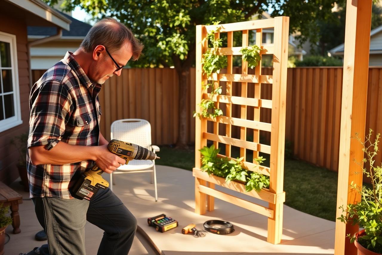 Homeowner assembling a cedar vertical garden planter with a trellis back on a sunny backyard patio