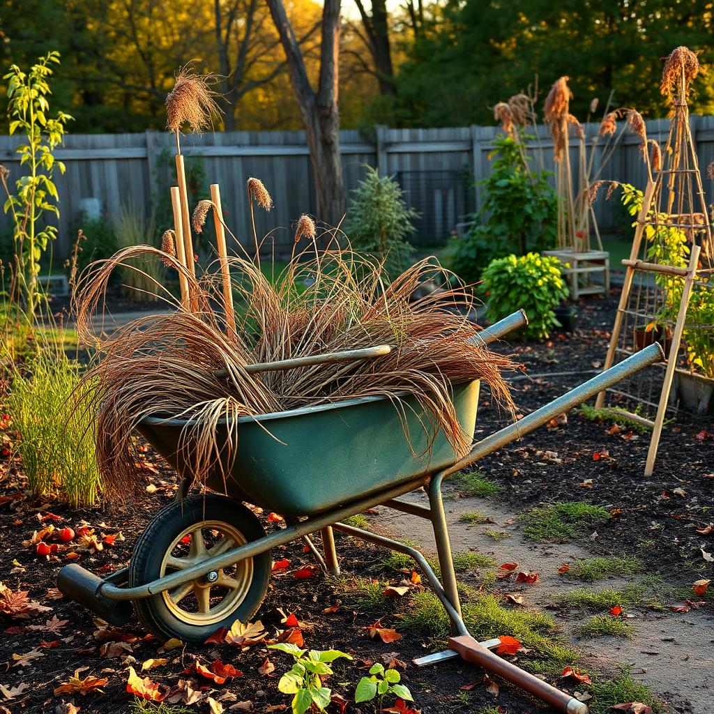 Autumn backyard garden being cleaned up with wheelbarrow, dried plants, and hand tools