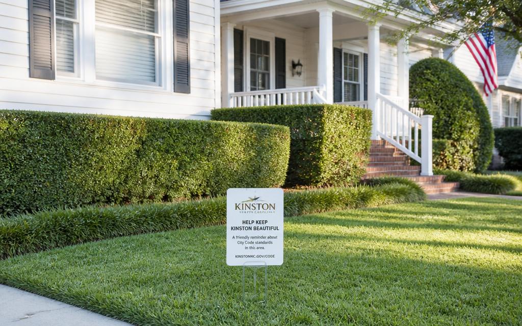 Clean American suburban front yard with trimmed hedges, green lawn and a city code notice sign staked in the grass