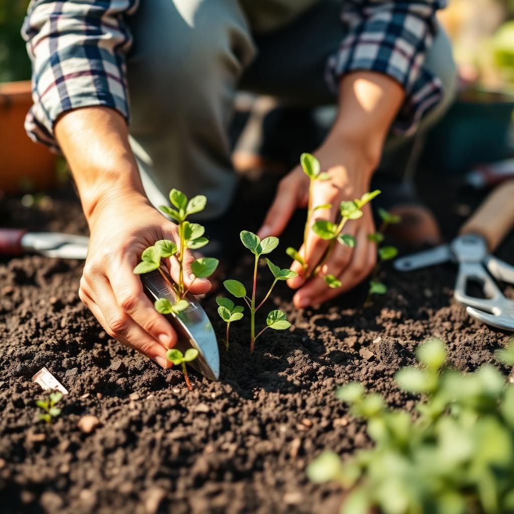 Gardener planting seedlings in soil with garden tools nearby