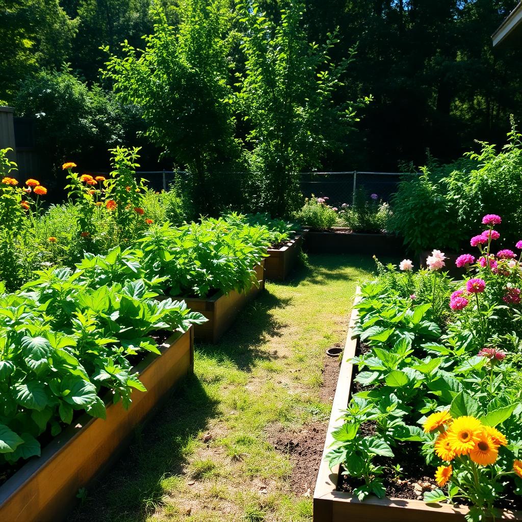 Lush American backyard garden with raised beds and flowers
