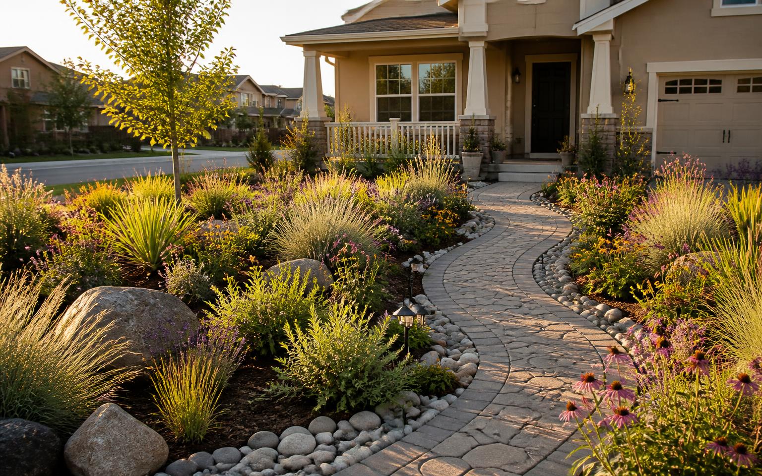 Suburban front yard with native perennial beds, river rock borders, and a permeable stone walkway in late afternoon light