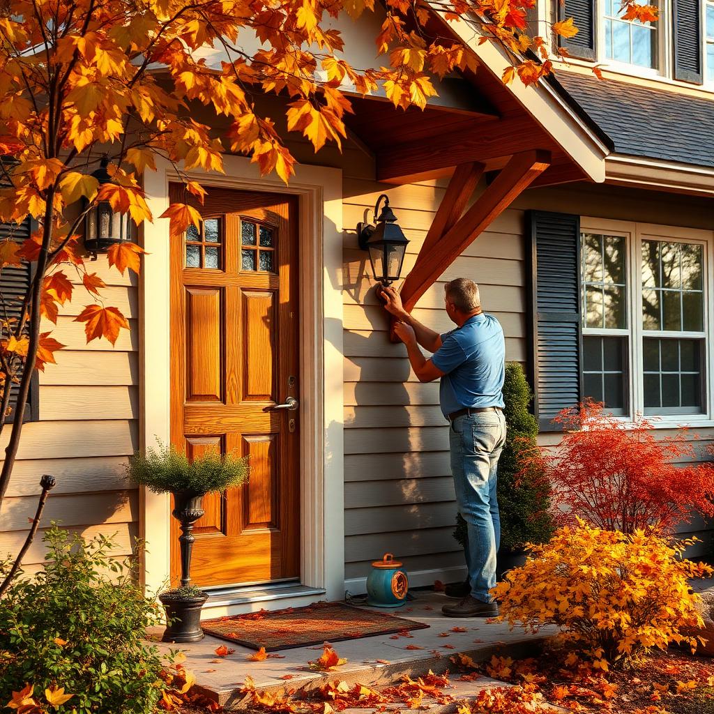 Homeowner performing seasonal maintenance on an American home exterior in autumn