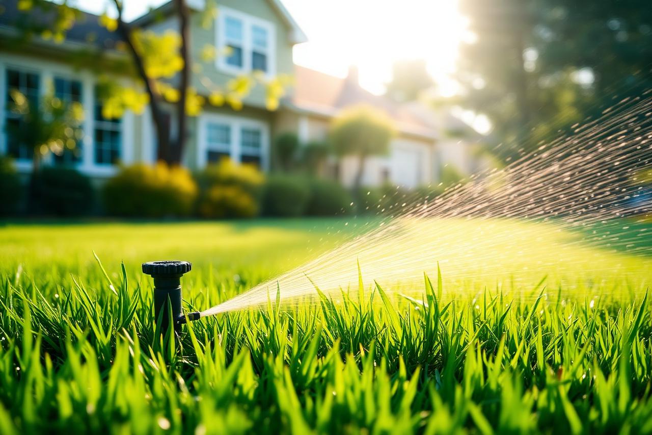 Sprinkler watering a healthy green American front lawn in early morning light