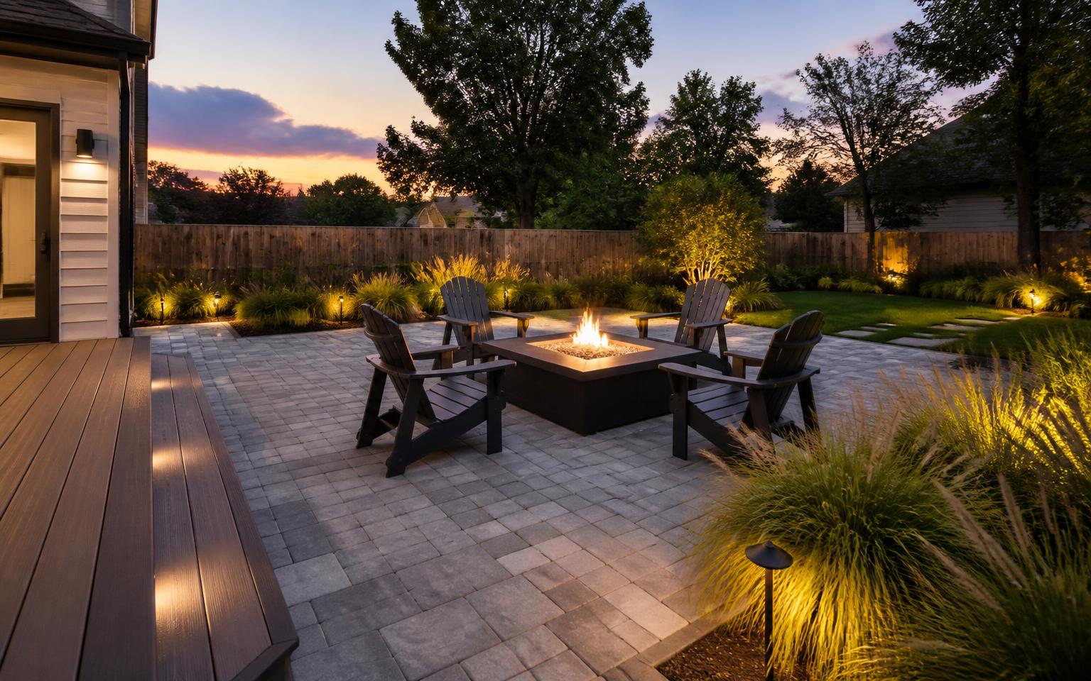 Modern suburban backyard at dusk with a grey paver patio, low-voltage landscape lighting, and a minimalist gas fire pit
