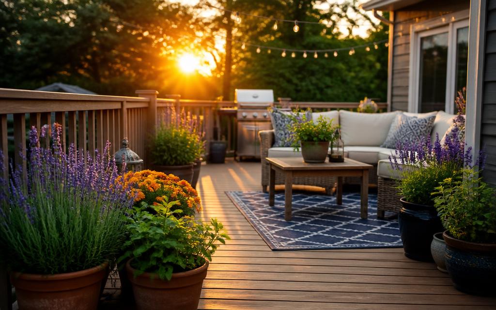 Cozy American backyard deck at sunset with potted lavender, marigolds, and mint surrounding a seating area