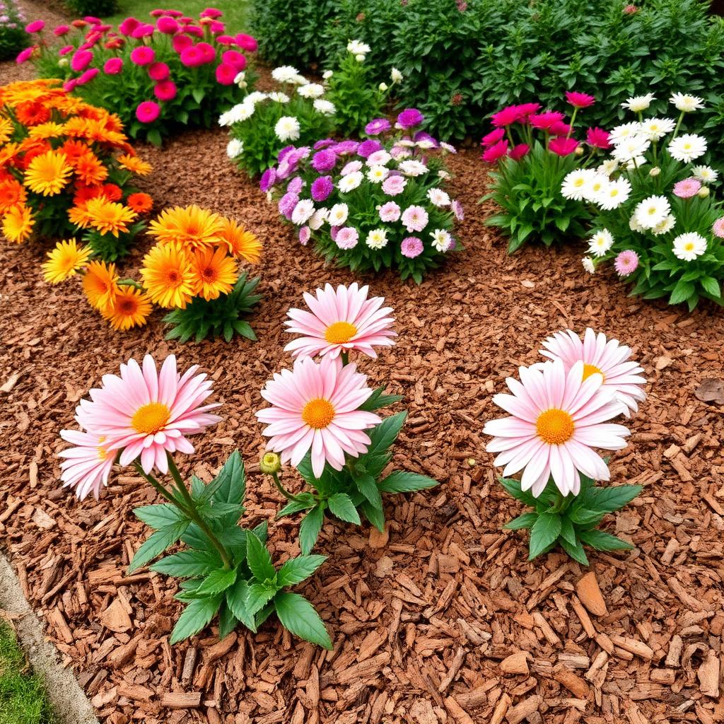 Flower bed with fresh wood chip mulch and blooming perennials