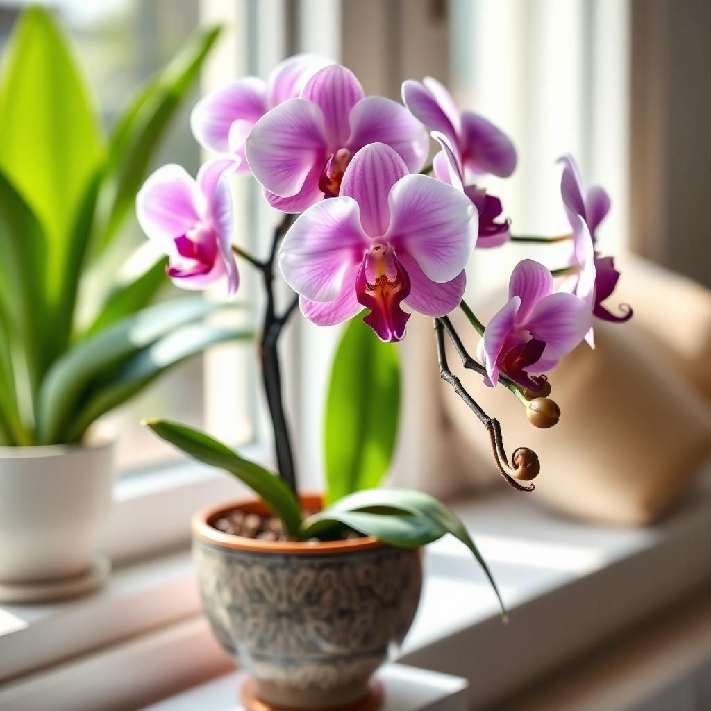 Flowering purple Phalaenopsis orchid in a decorative pot on a bright windowsill with natural light