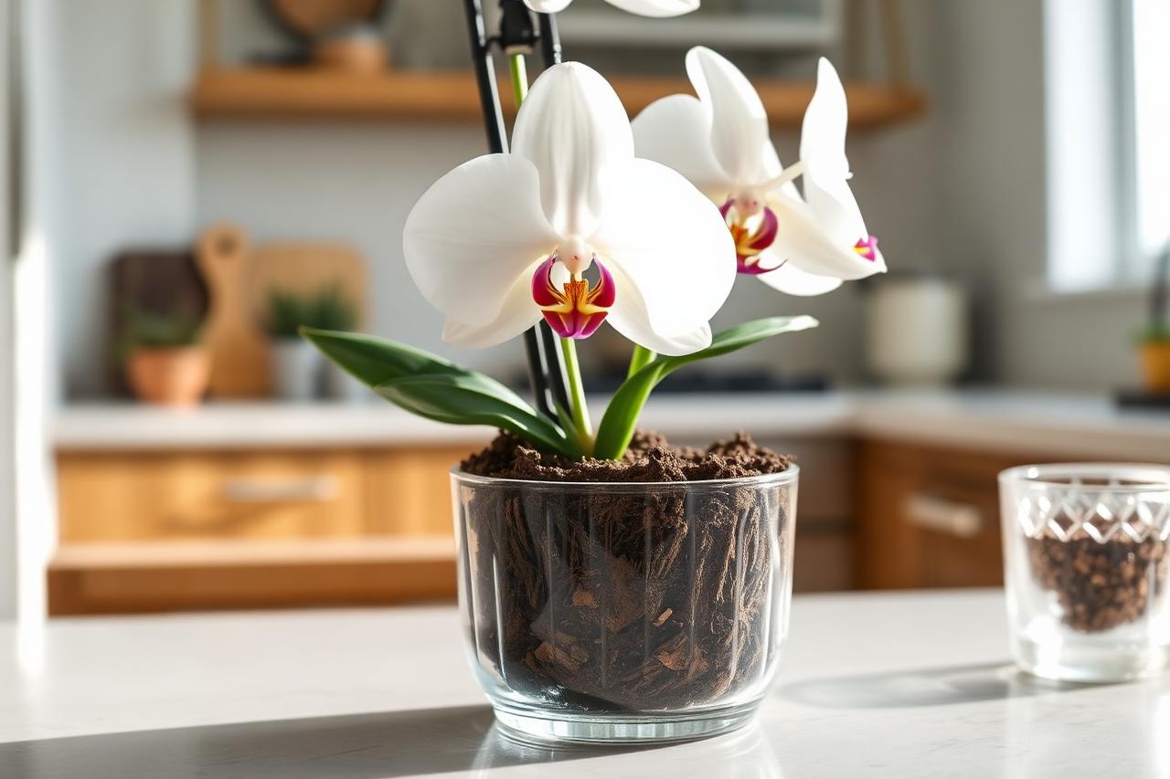 White Phalaenopsis orchid in a clear pot filled with bark medium on a bright kitchen counter