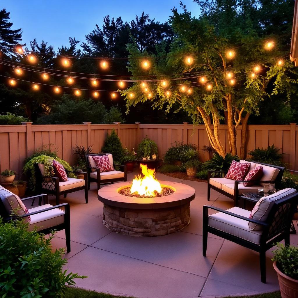 Outdoor living space with fire pit, comfortable seating and string lights at dusk
