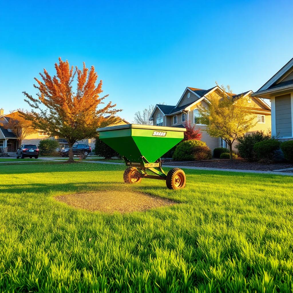 Broadcast spreader overseeding a suburban American lawn in early fall