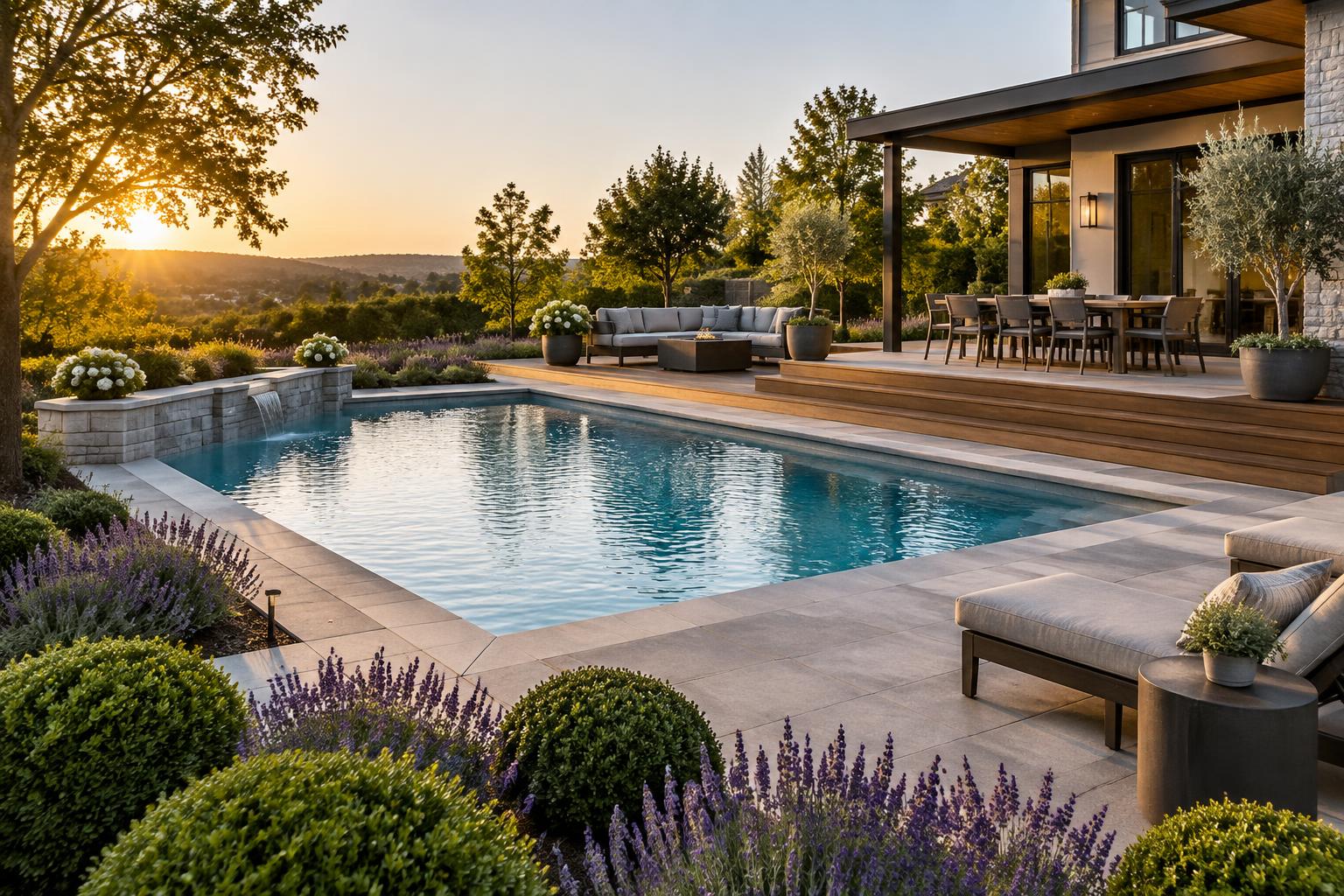 Modern backyard swimming pool with hardwood decking, gray pavers, dining furniture, and landscaped lounge areas