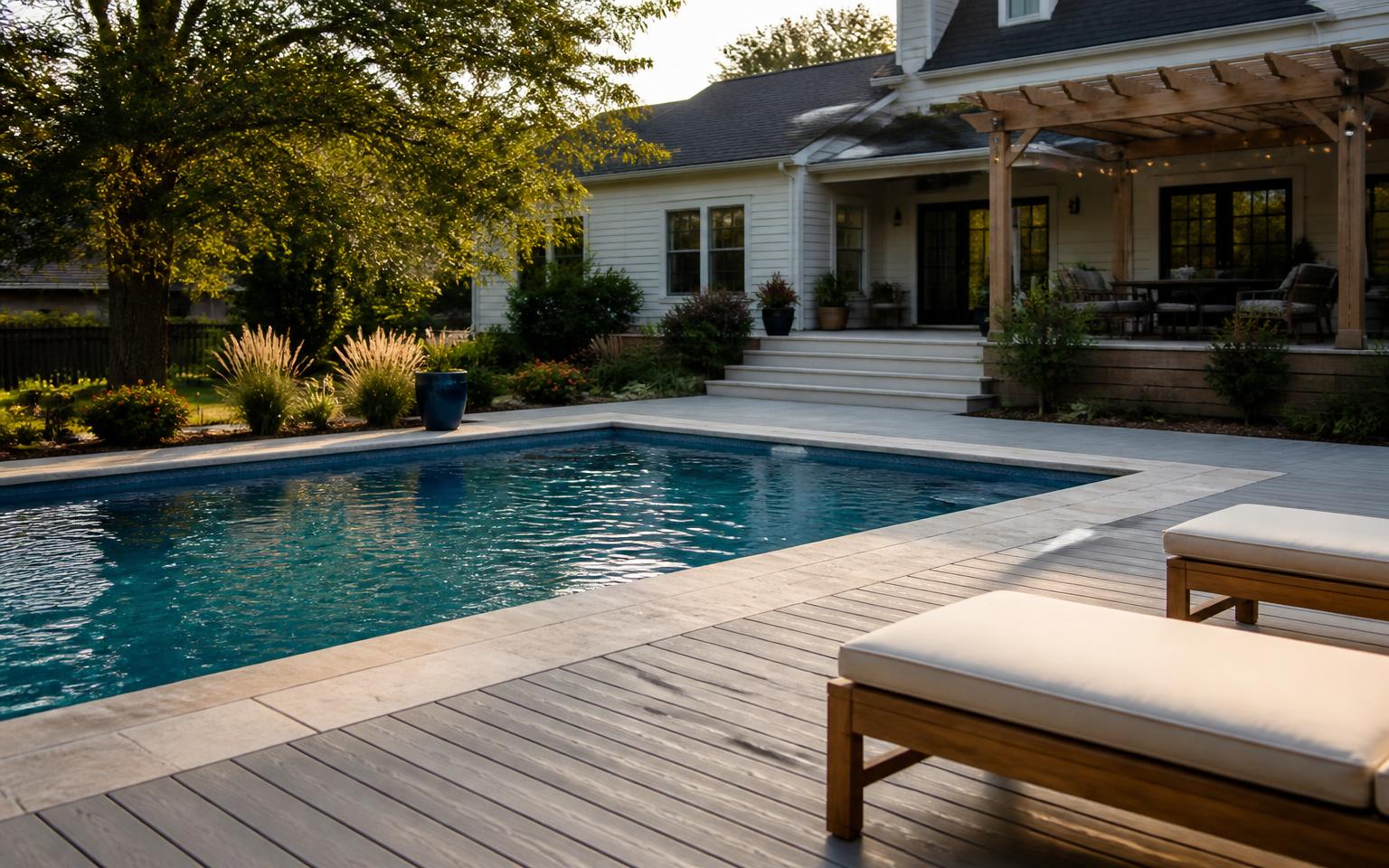 Modern backyard pool deck with light gray composite decking, travertine coping, lounge chairs, and a pergola at sunset