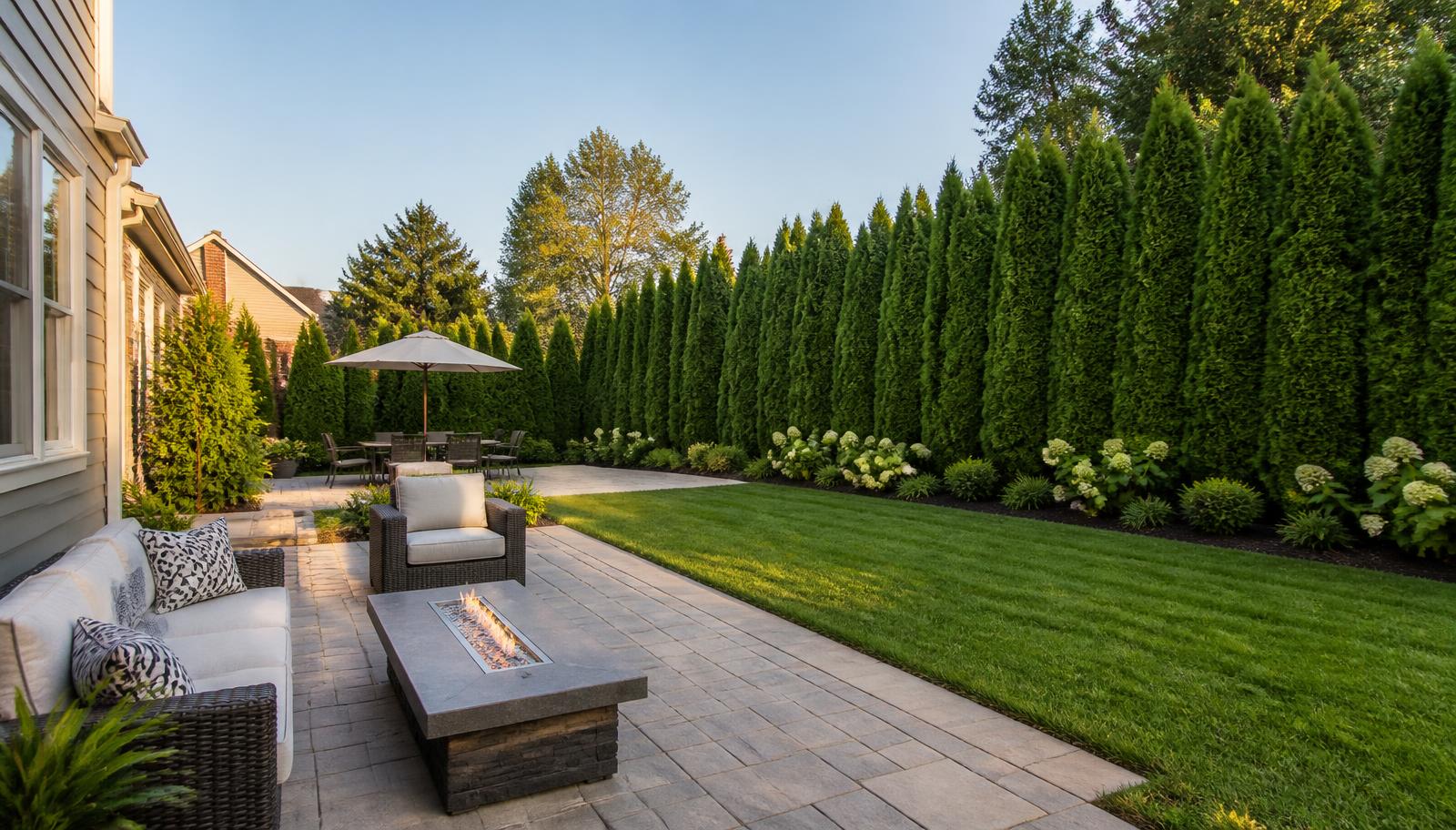 Lush trimmed green privacy hedge bordering a modern suburban American backyard with a stone patio and outdoor furniture