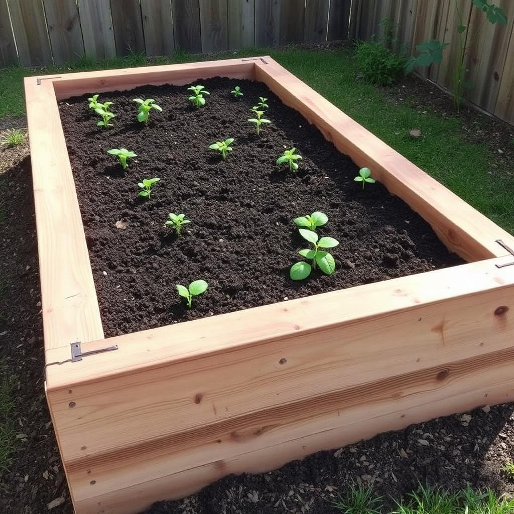 Wooden raised garden bed with seedlings and rich soil