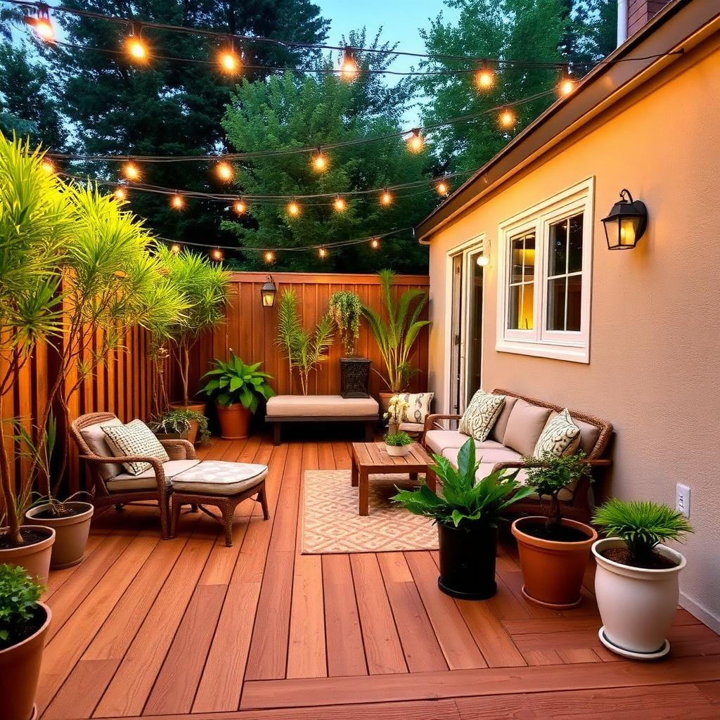Small modern backyard with wood deck, string lights and potted plants