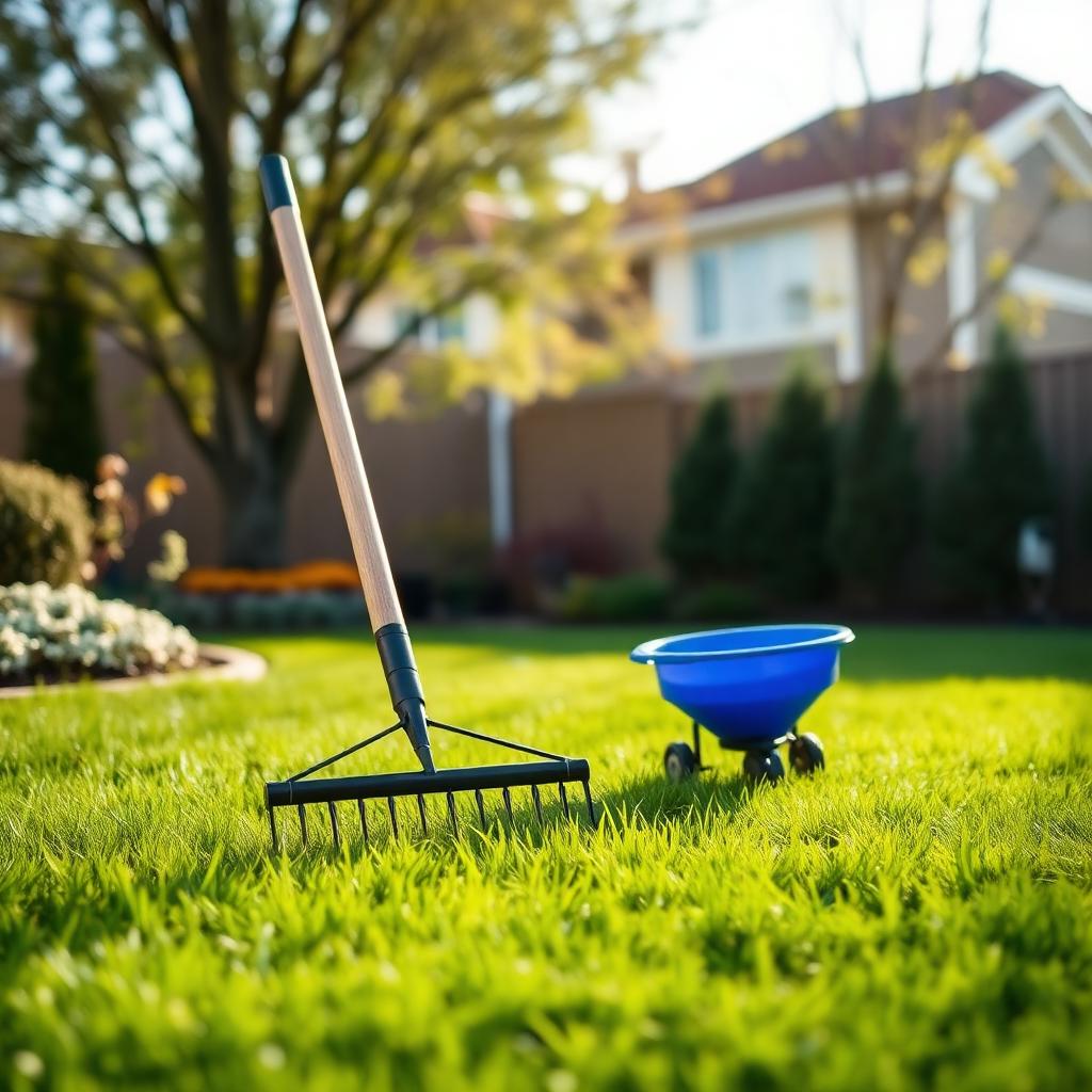 Spring lawn with rake and fertilizer spreader on green grass
