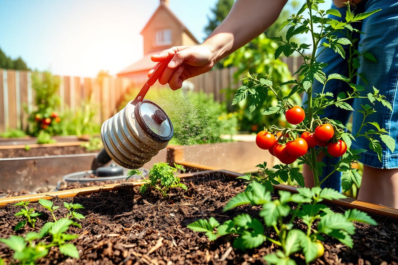 Gardener watering mulched raised vegetable beds with ripening tomatoes on a hot summer day