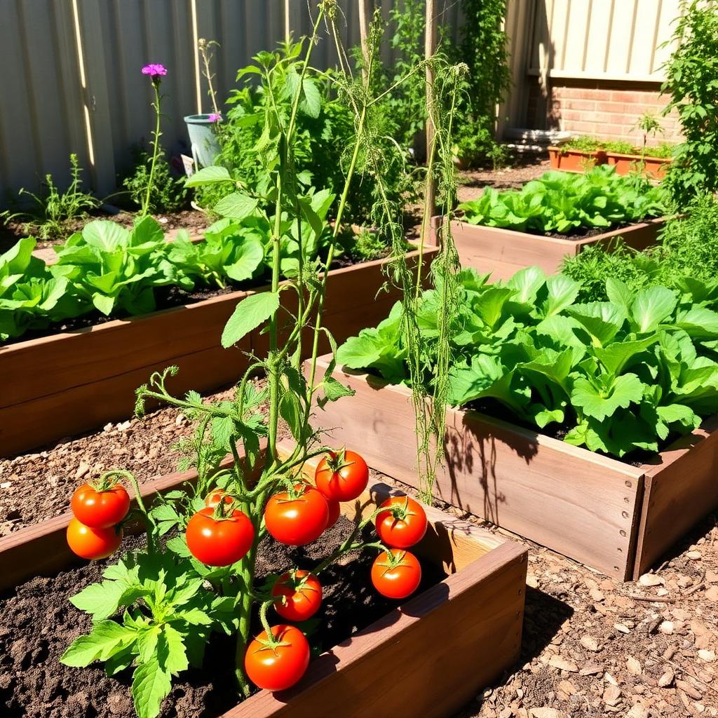 Beginner vegetable garden with tomatoes and lettuce in raised beds