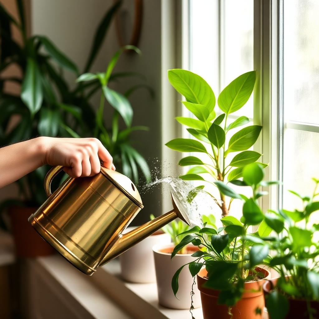 Hand watering indoor houseplants with a brass watering can