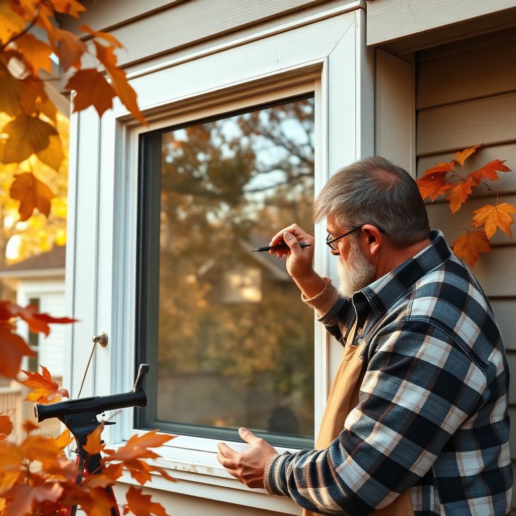 Homeowner caulking a window frame on a suburban American home in autumn