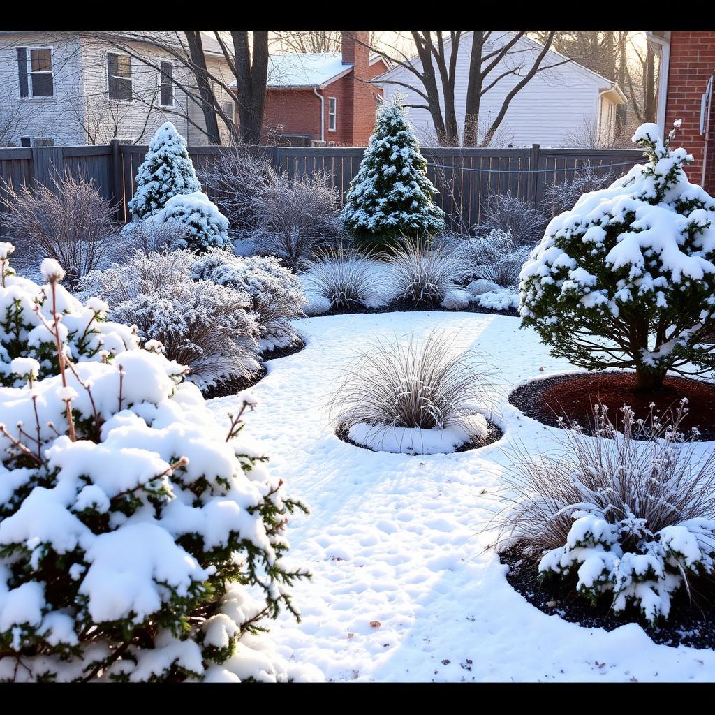 Snow-dusted suburban garden with wrapped shrubs and mulched perennial beds